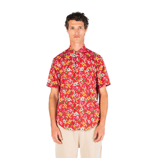 Serge Blanco Chemise Manches Courtes Regular Rouge Imprimé Fleurs