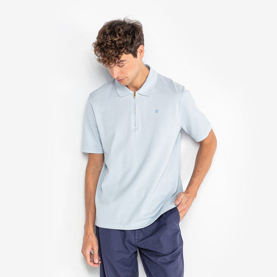 Serge Blanco Polo Manches Courtes Piqué Lino Col Zippé Bleu Ciel