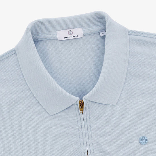 Serge Blanco Polo Manches Courtes Piqué Lino Col Zippé Bleu Ciel
