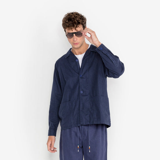 Serge Blanco Veste Worker Wakura En Lin Bleu Nuit