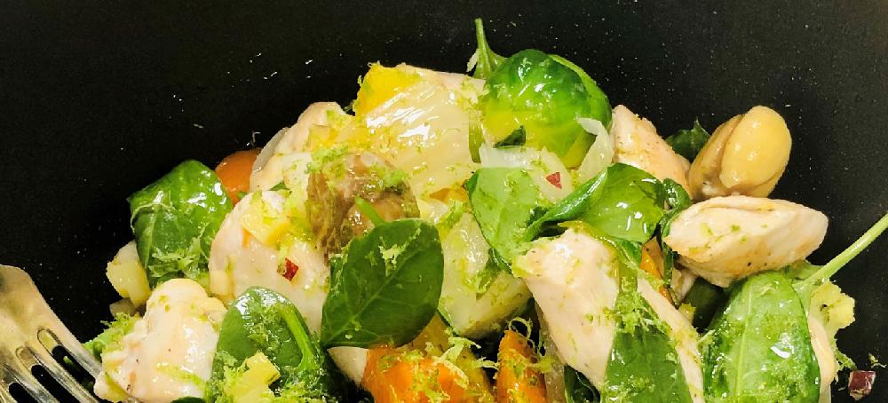 sitram Sauté minute de légumes et volaille pousses d’épinards et citron vert curry