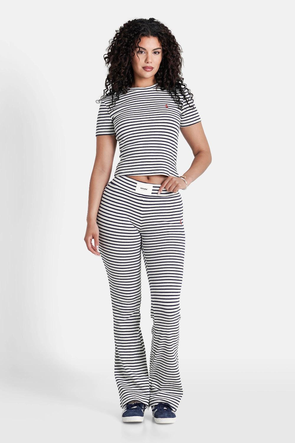 Sixth June Pantalon Côtelé Rayé Logo Coeur Bleu Marine