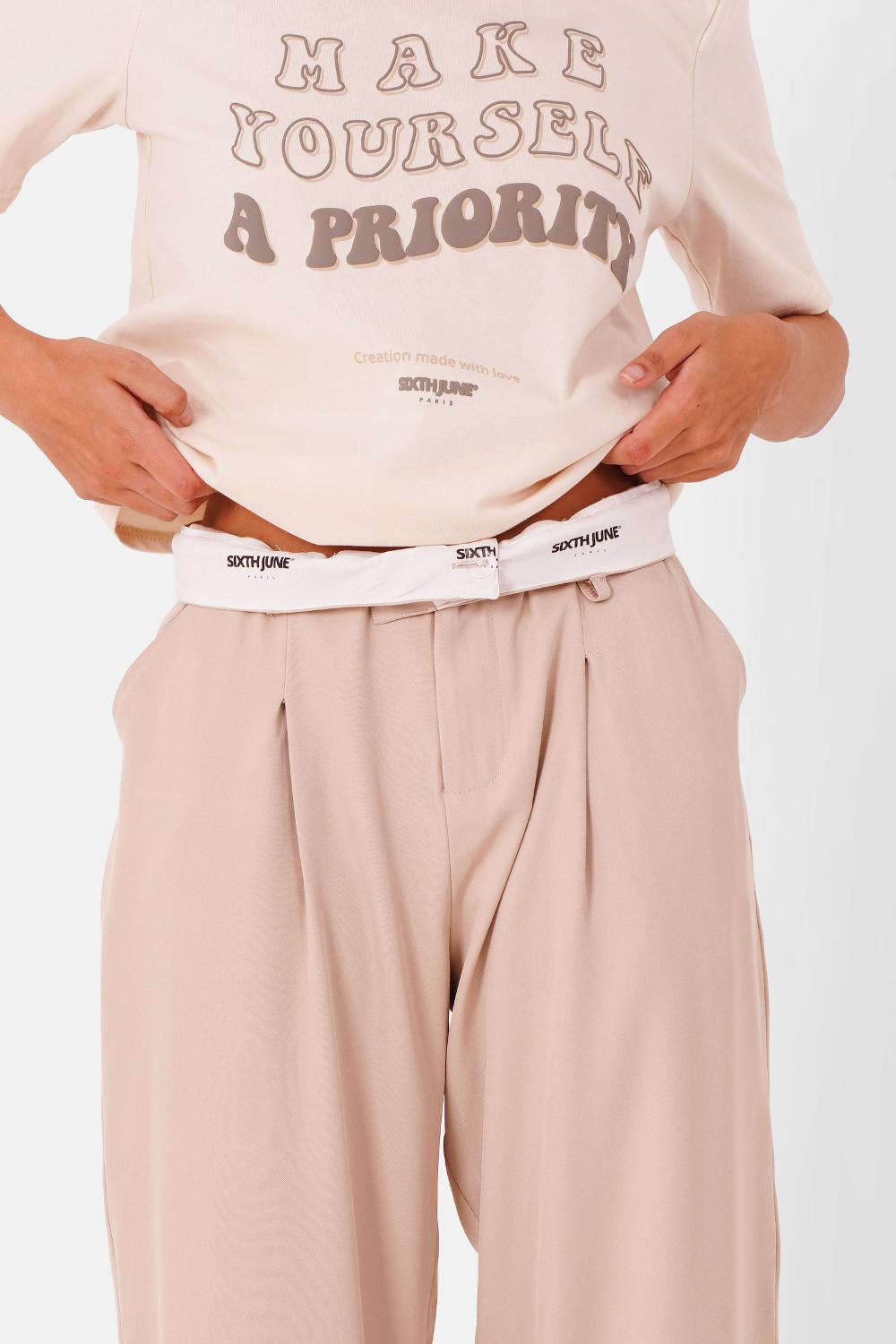 Sixth June Pantalon Taille Ceinture Reversible Beige