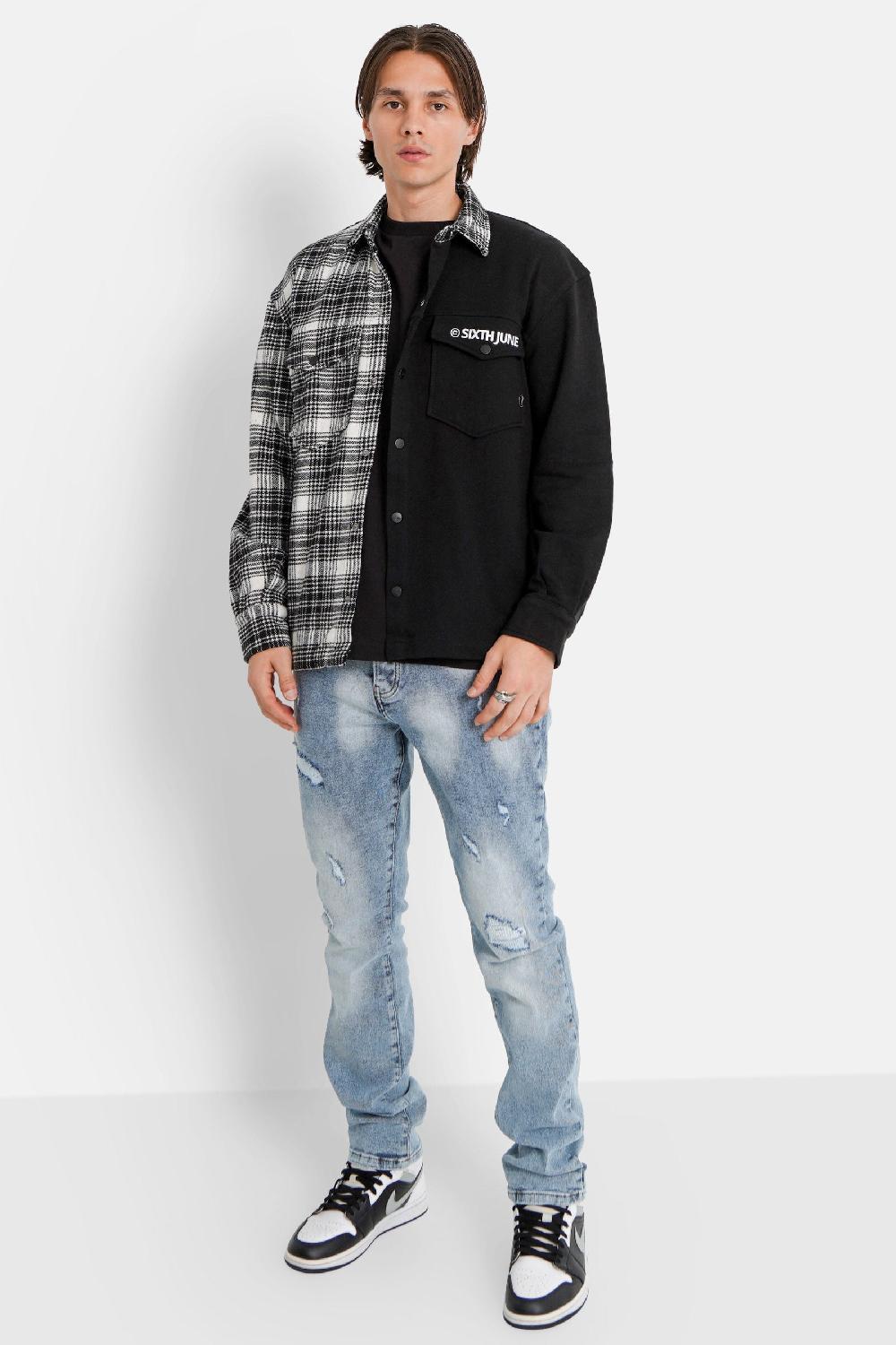 Sixth June Chemise Bi-matière Tartan Coton Noir