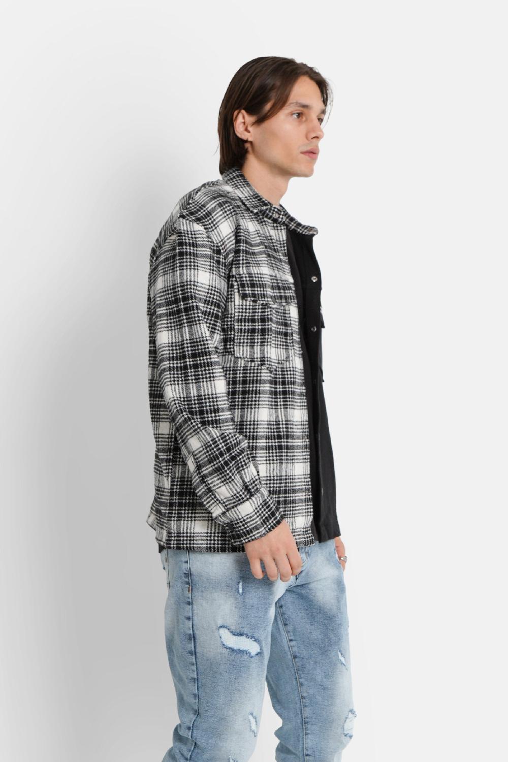 Sixth June Chemise Bi-matière Tartan Coton Noir