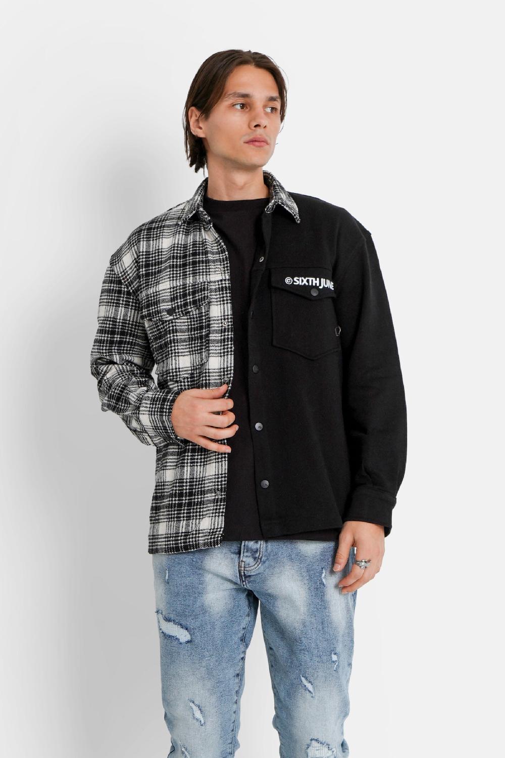 sixth june Chemise bi-matière tartan coton Noir
