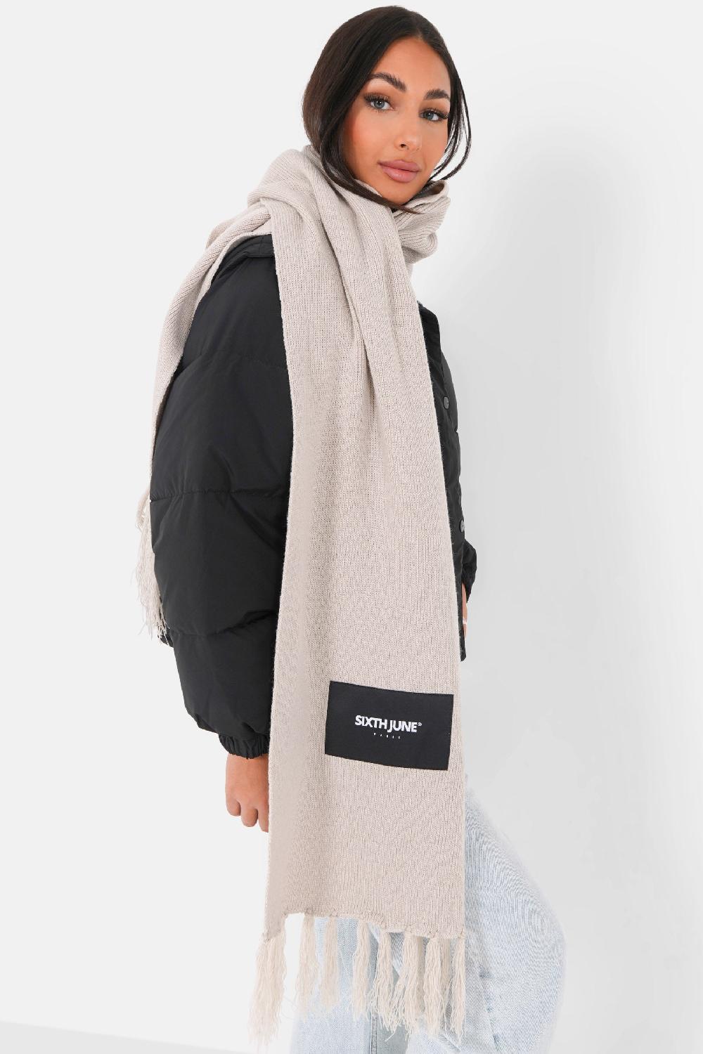 Sixth June Echarpe Frange Logo Patch Beige