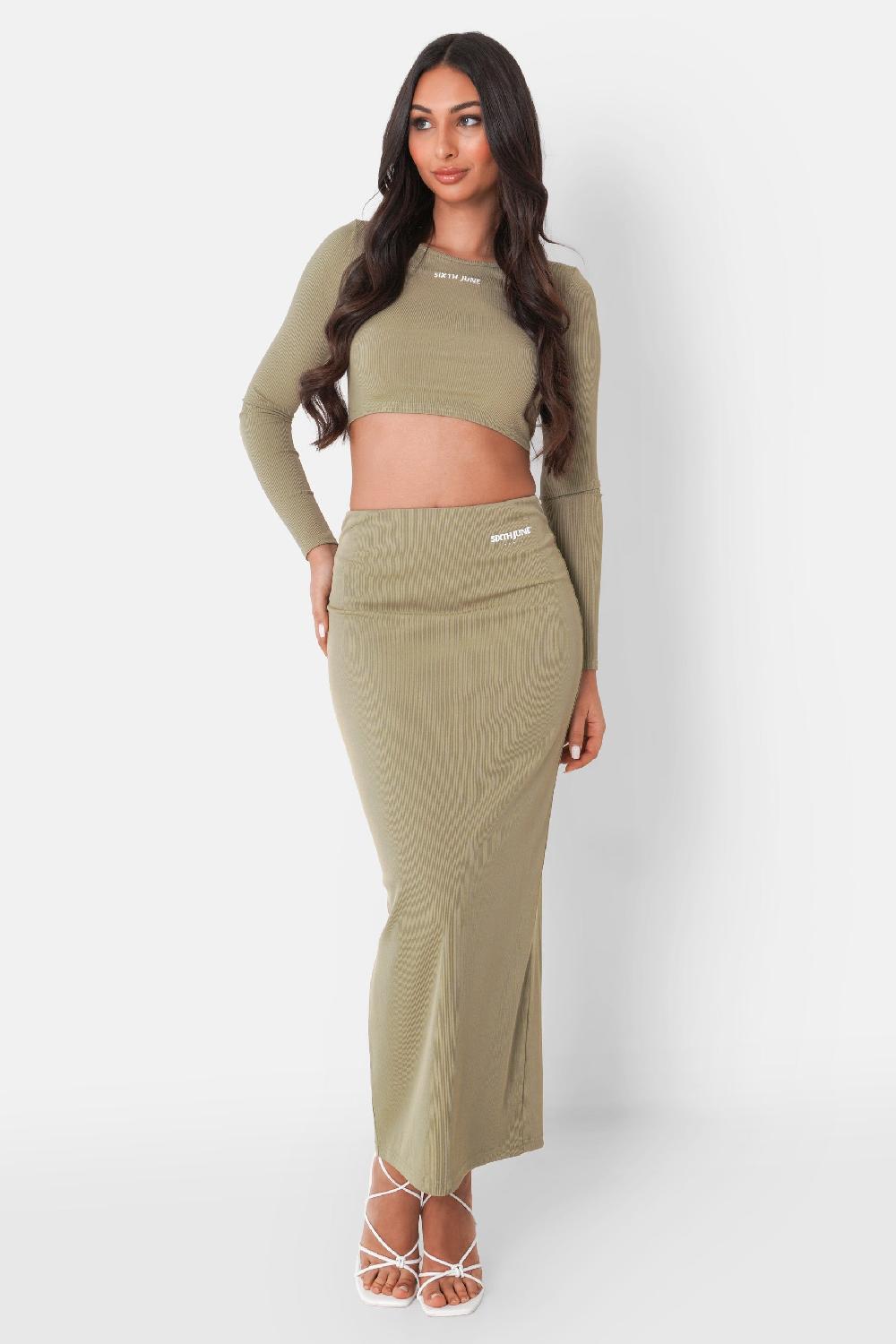 Sixth June Jupe Maxi Côtelée Vert Kaki
