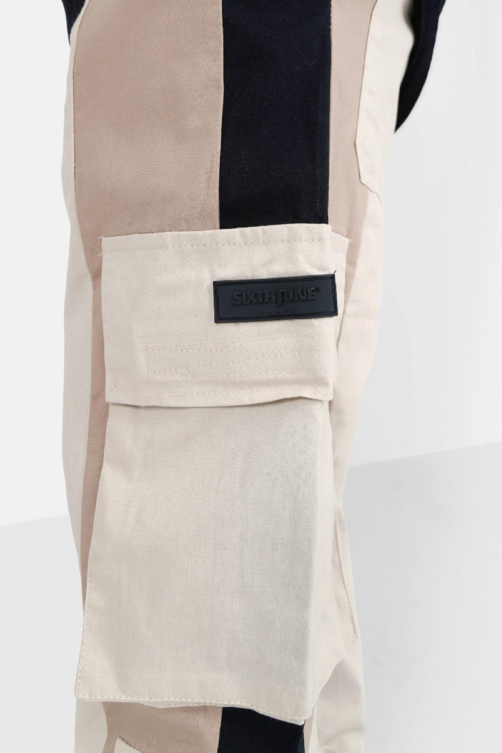 Sixth June Pantalon Cargo Bicolore Bandes Beige