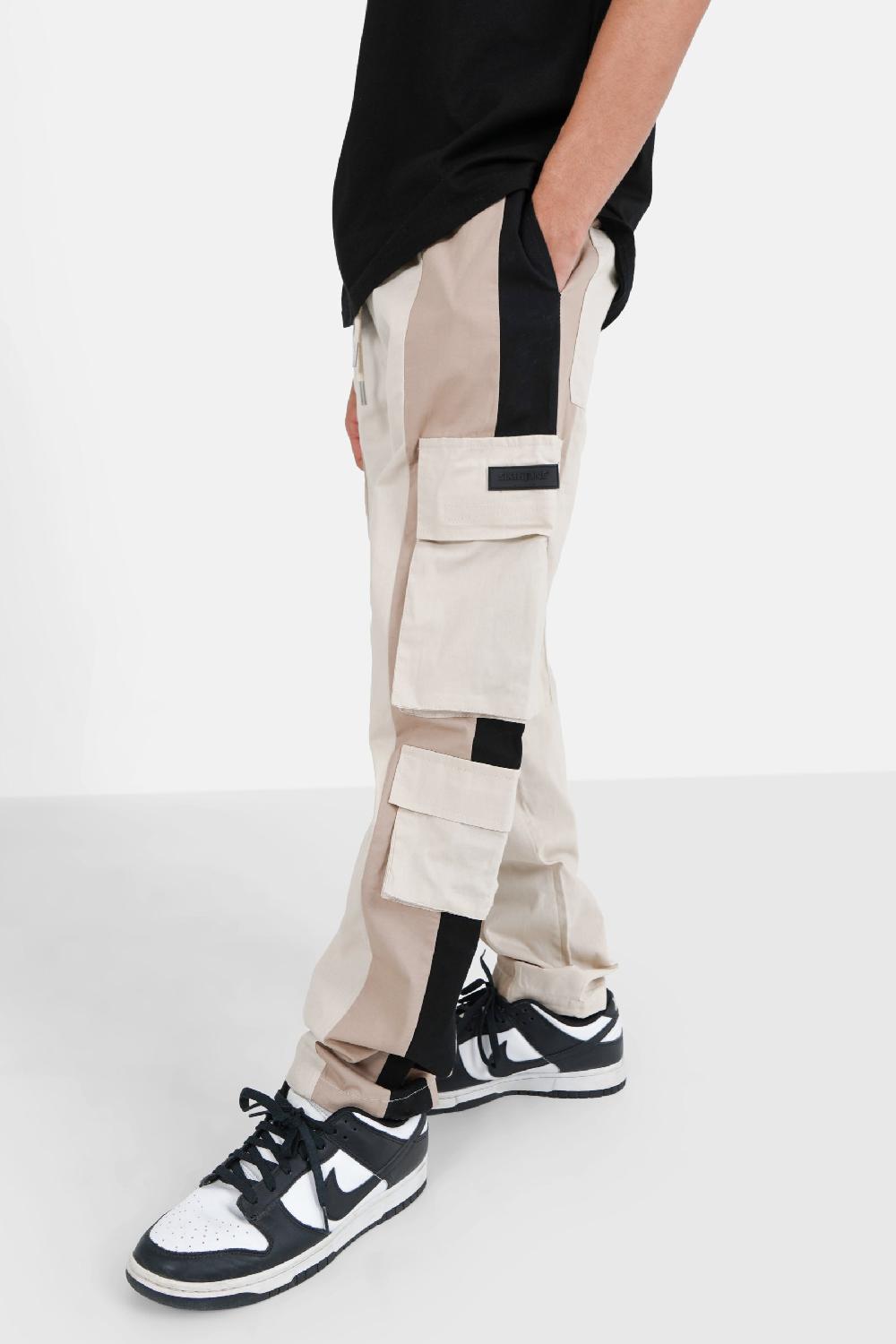 Sixth June Pantalon Cargo Bicolore Bandes Beige