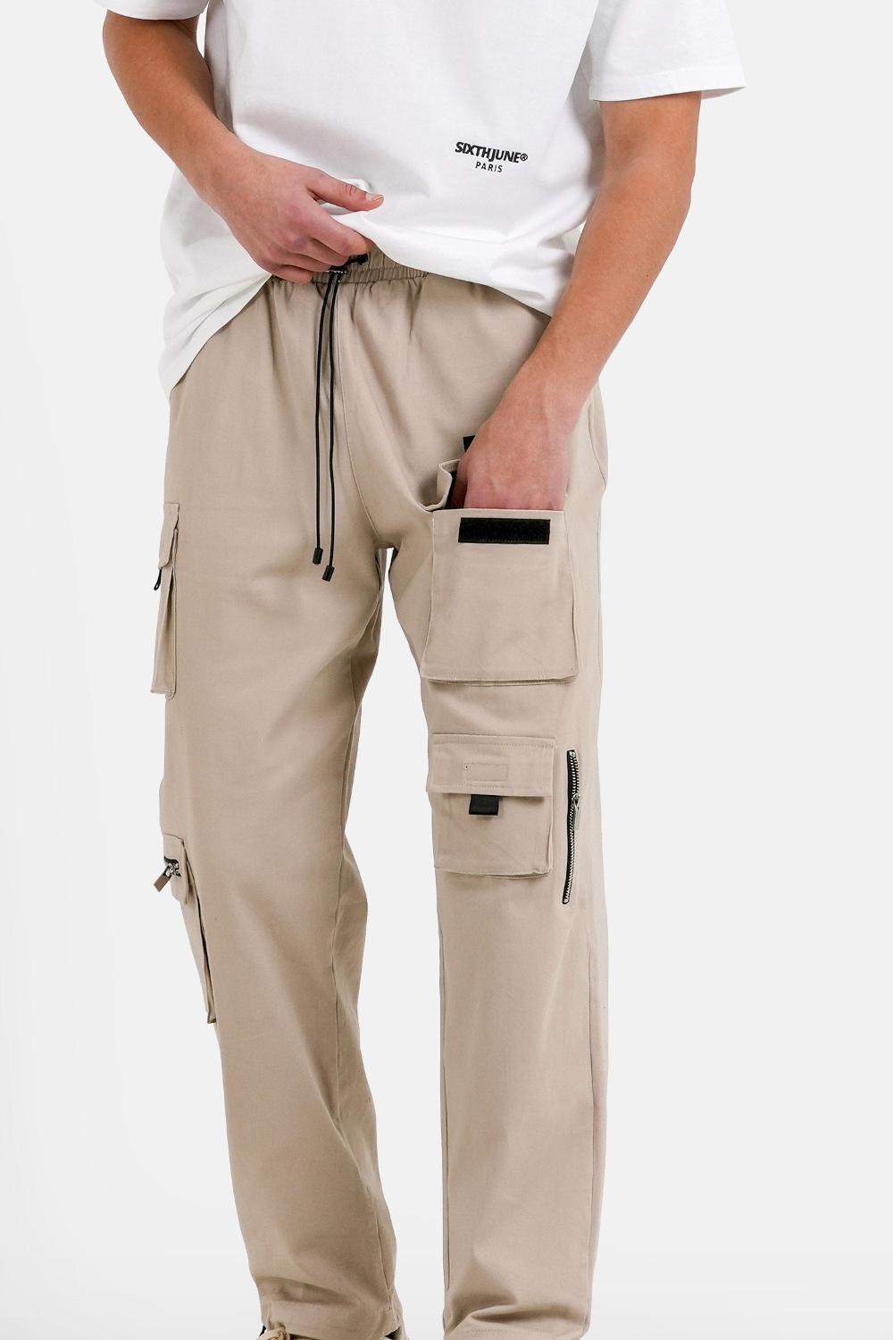 Sixth June Pantalon Cargo Multi Poches Twill Beige