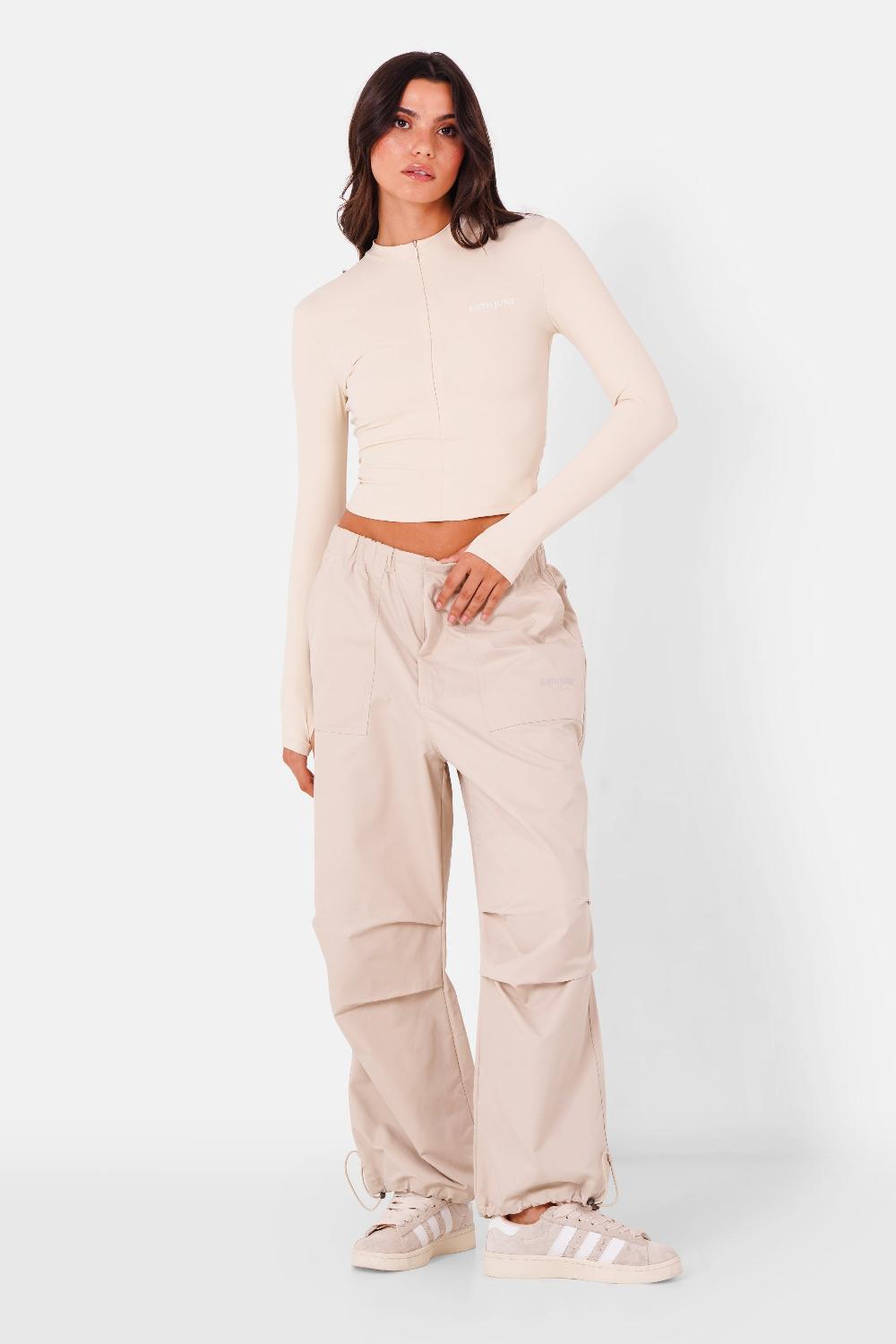 Sixth June Pantalon Cargo Parachute Brodé Beige