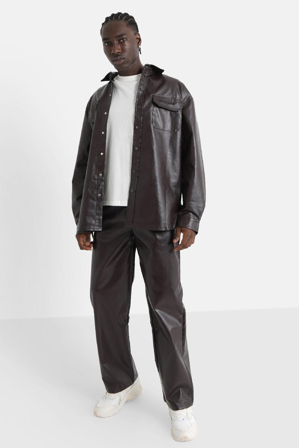 Sixth June Pantalon Droit Simili Cuir Marron Foncé