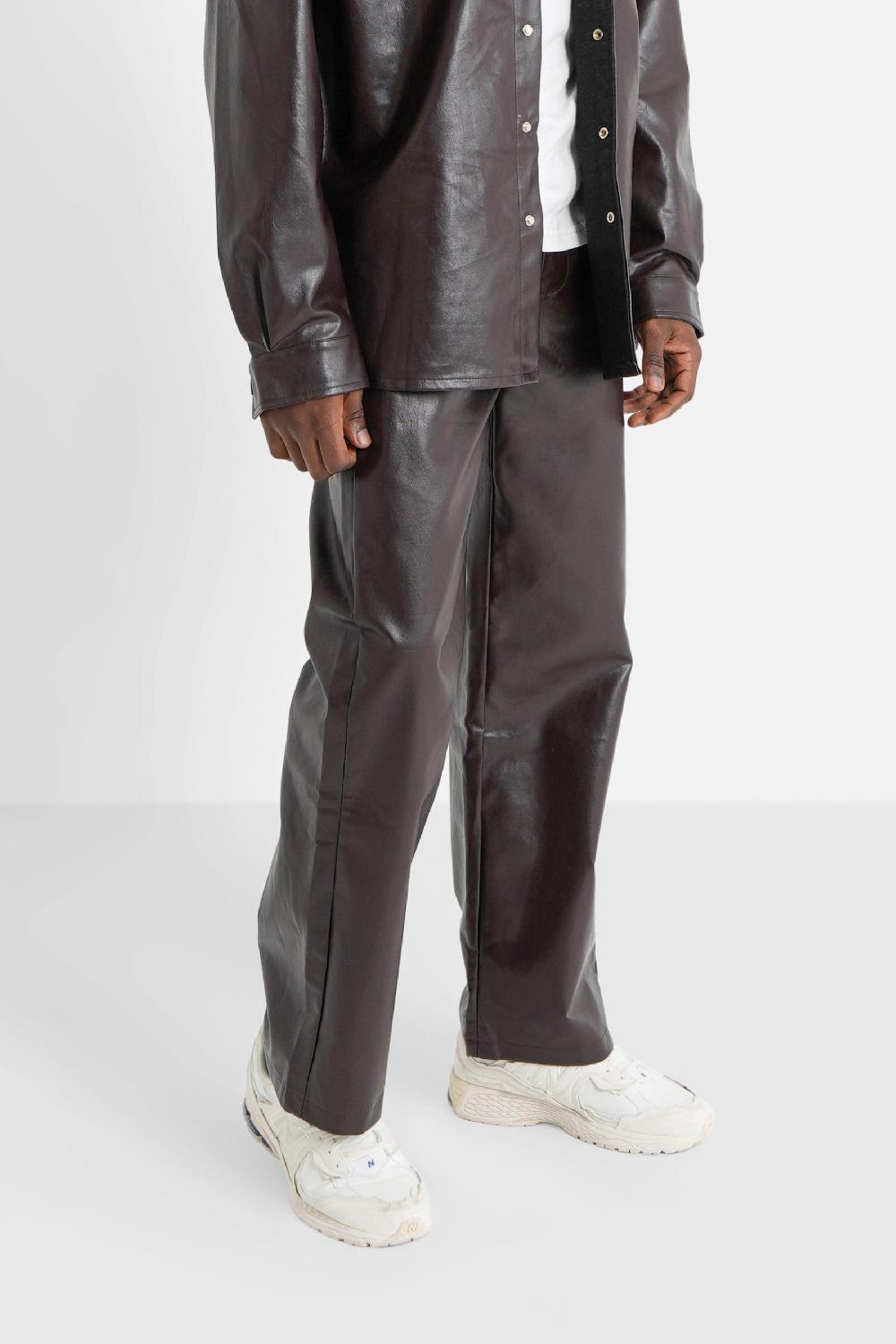 Sixth June Pantalon Droit Simili Cuir Marron Foncé