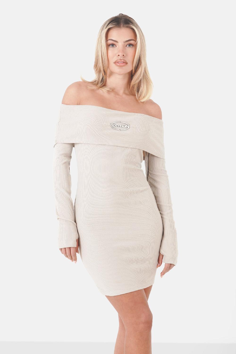 sixth june Robe épaule dénudé côtelé Beige