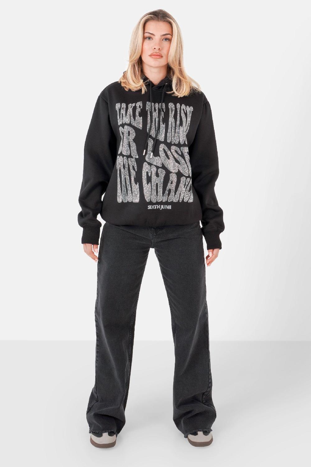 Sixth June Sweatshirt Capuche Texte Strass Noir