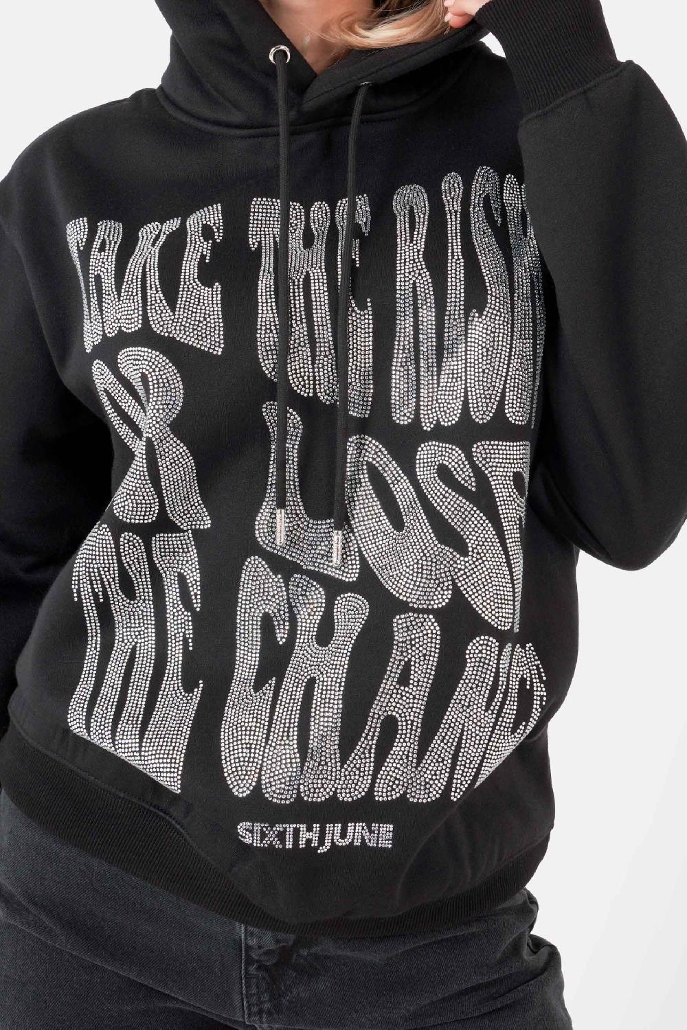 Sixth June Sweatshirt Capuche Texte Strass Noir