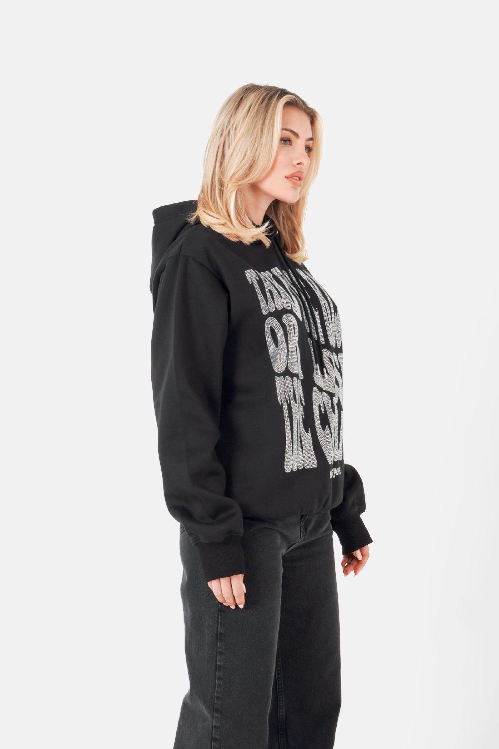 Sixth June Sweatshirt Capuche Texte Strass Noir