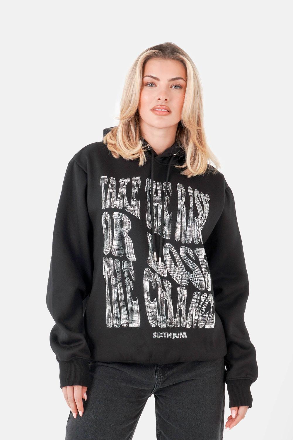 sixth june Sweatshirt capuche texte strass Noir