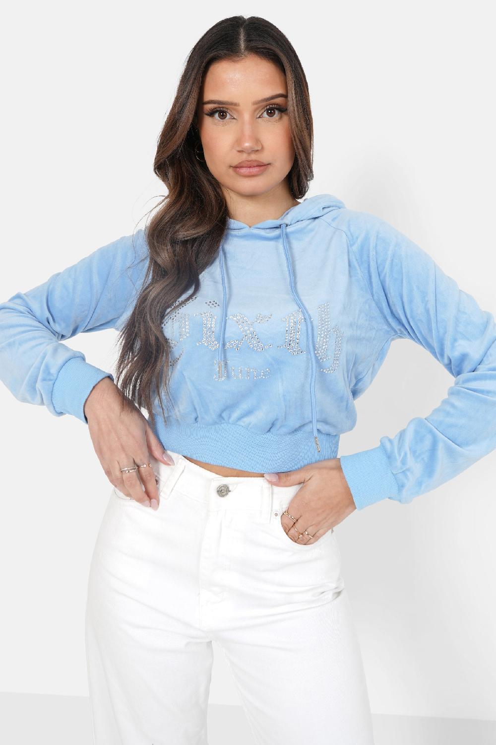 sixth june Sweatshirt capuche velours strass Bleu