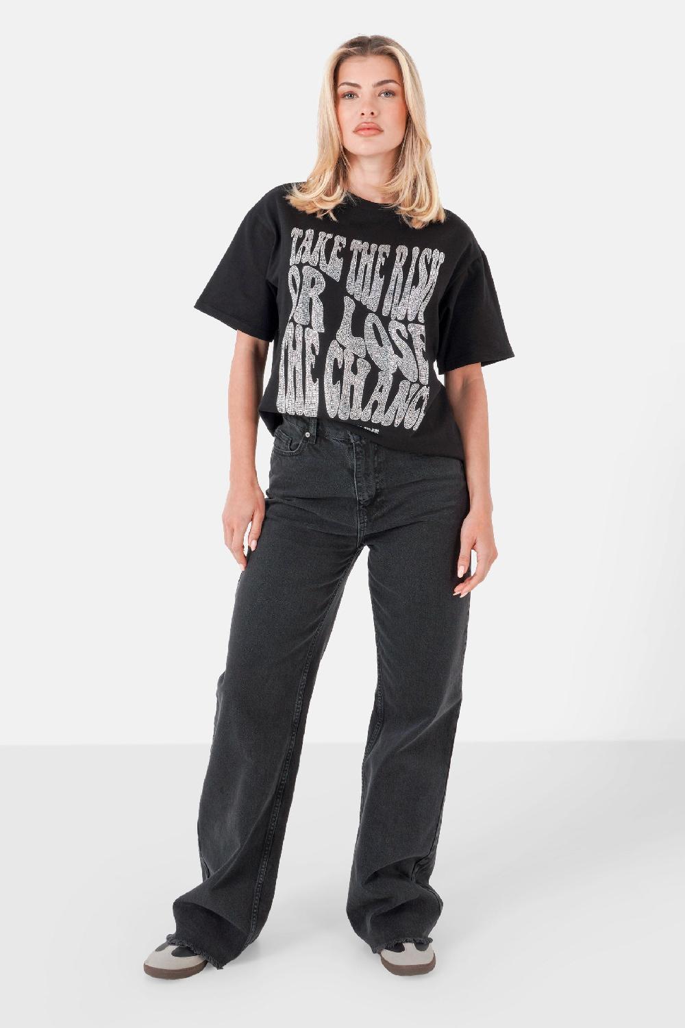 Sixth June T-shirt Texte Strass Noir