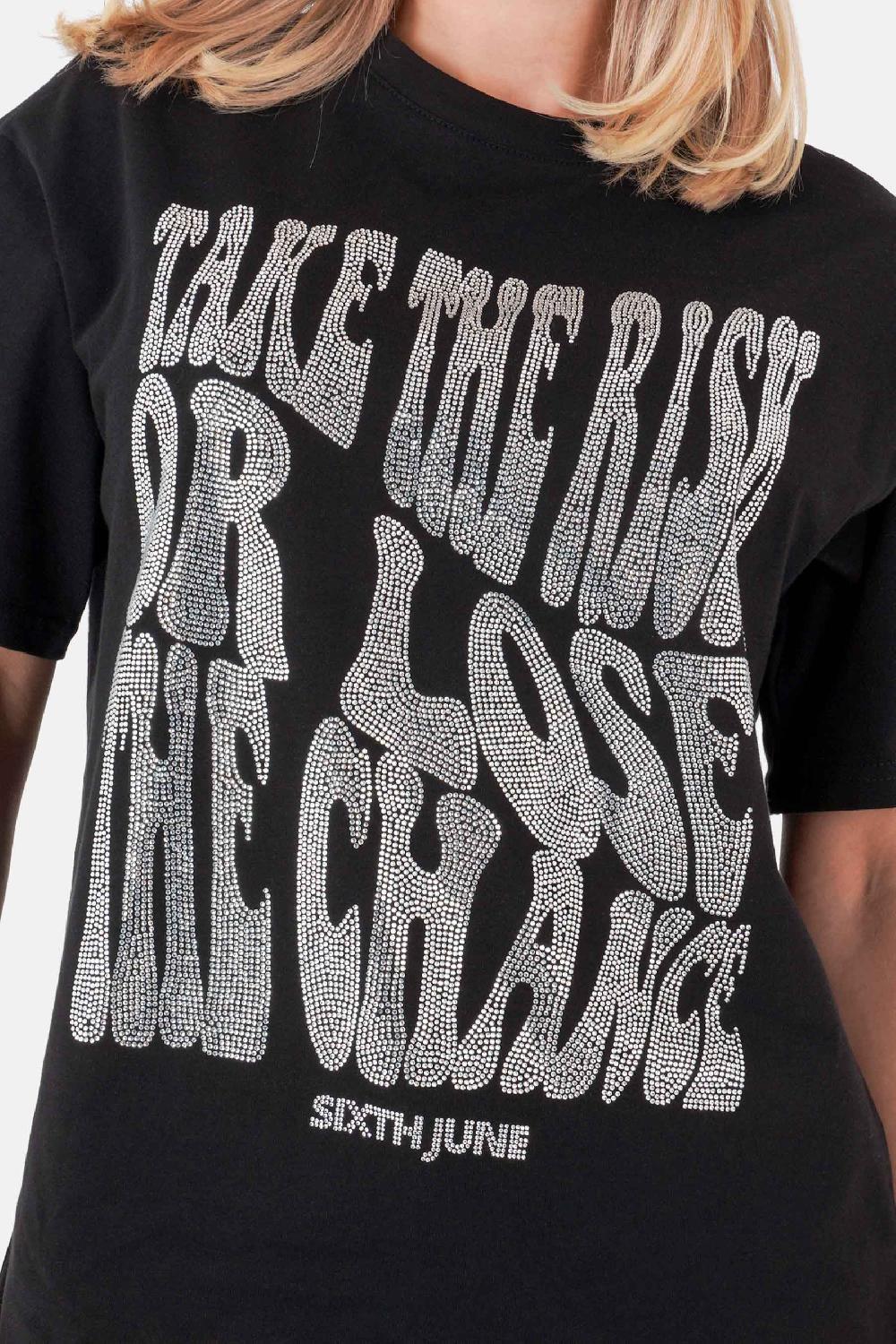 Sixth June T-shirt Texte Strass Noir
