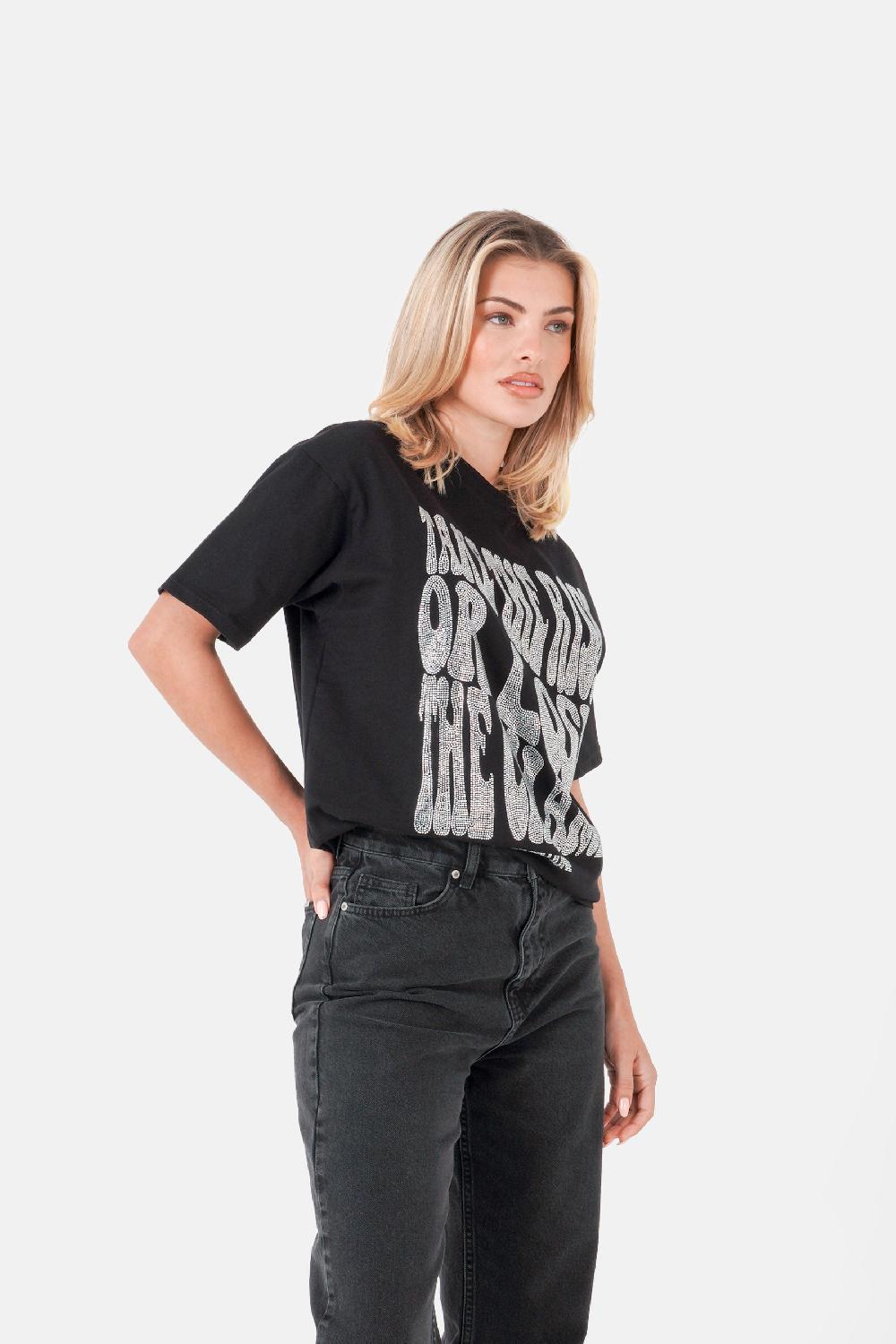Sixth June T-shirt Texte Strass Noir