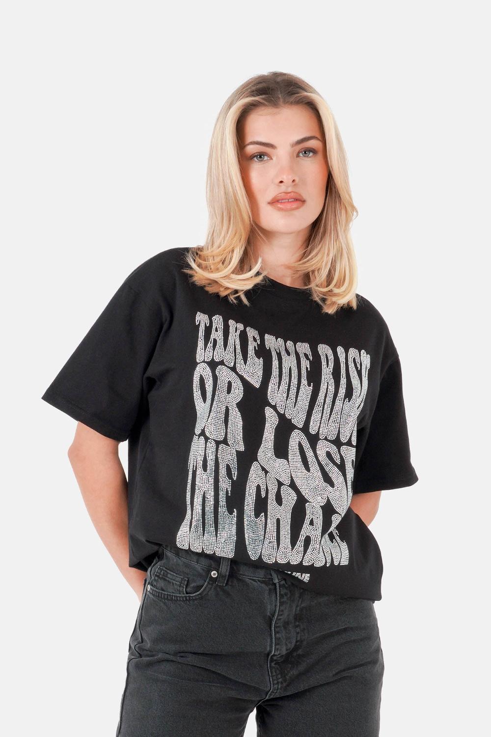sixth june T-shirt texte strass Noir
