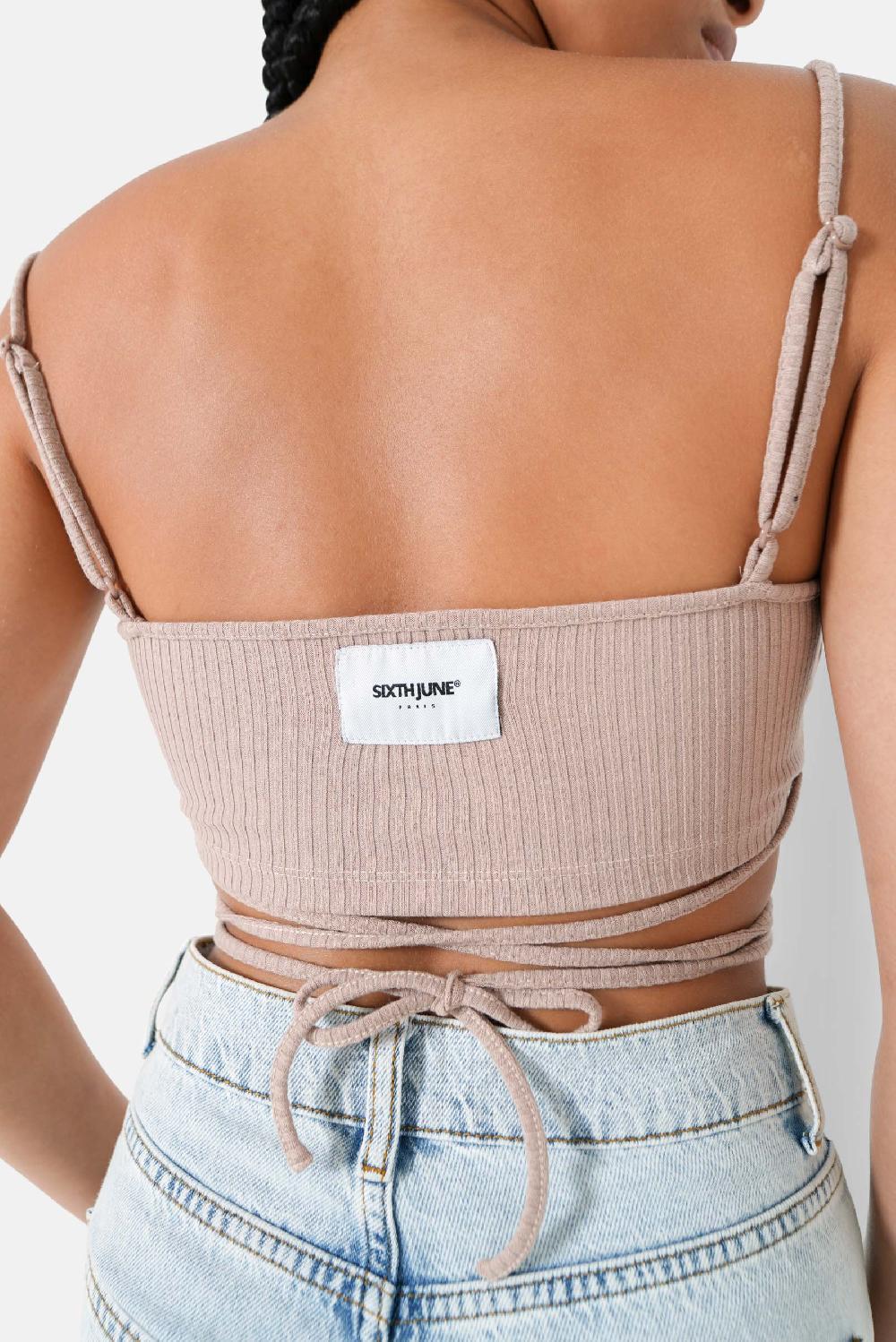 Sixth June Top Bretelles Cordons Côtelé Beige