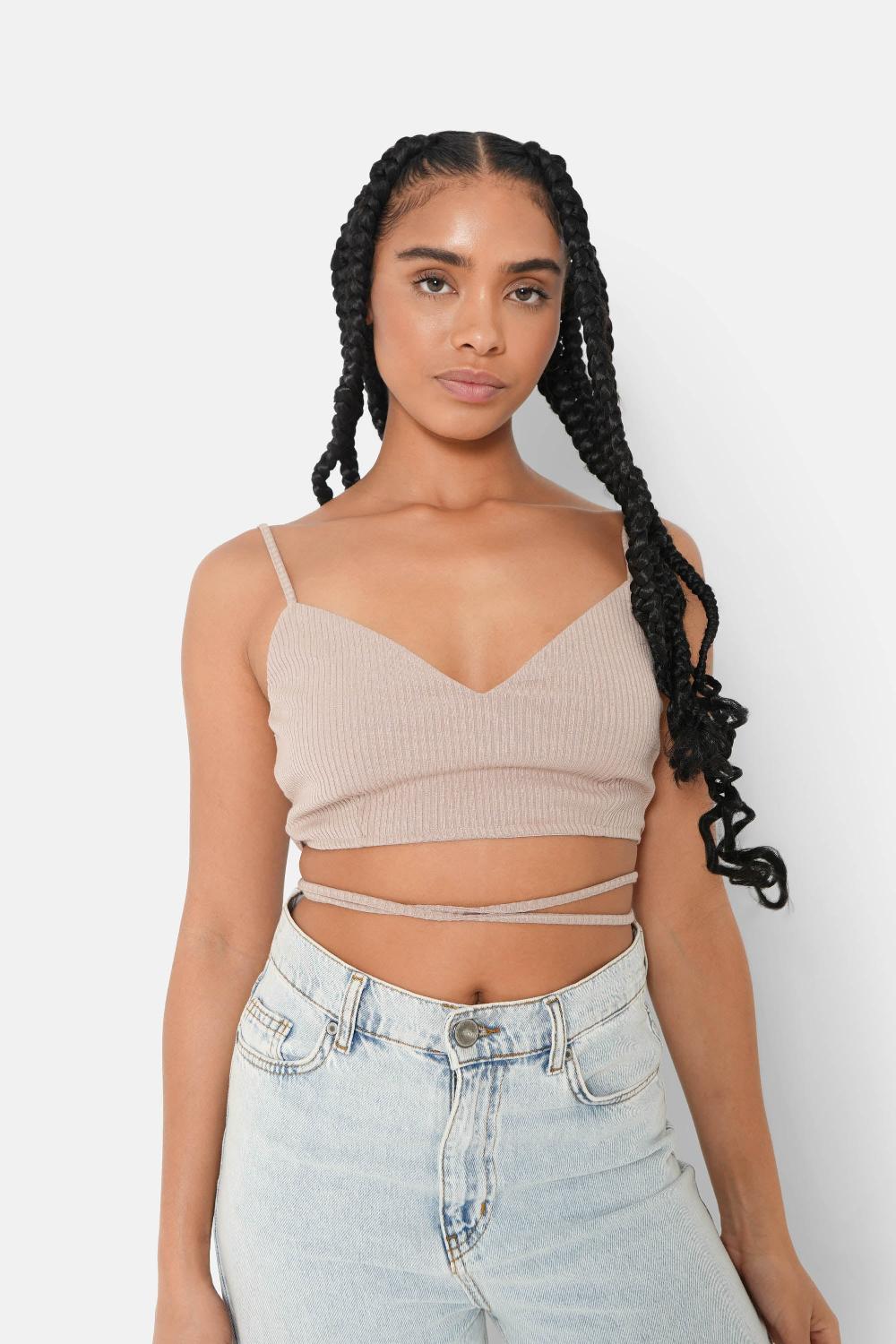 sixth june Top bretelles cordons côtelé Beige