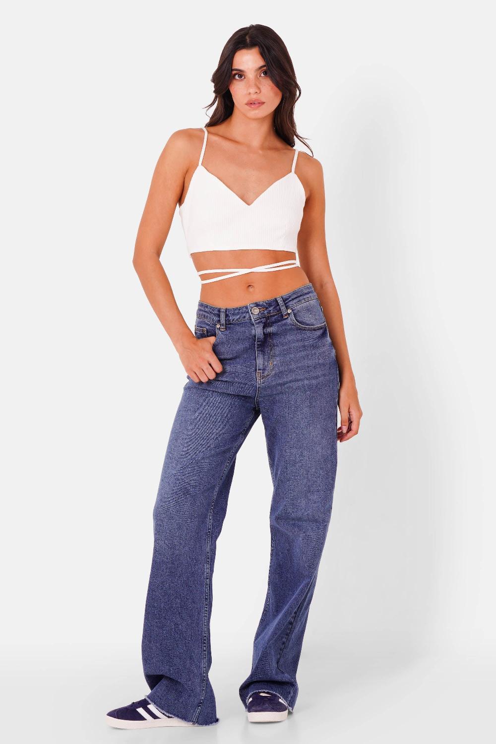 Sixth June Top Bretelles Cordons Côtelé Blanc