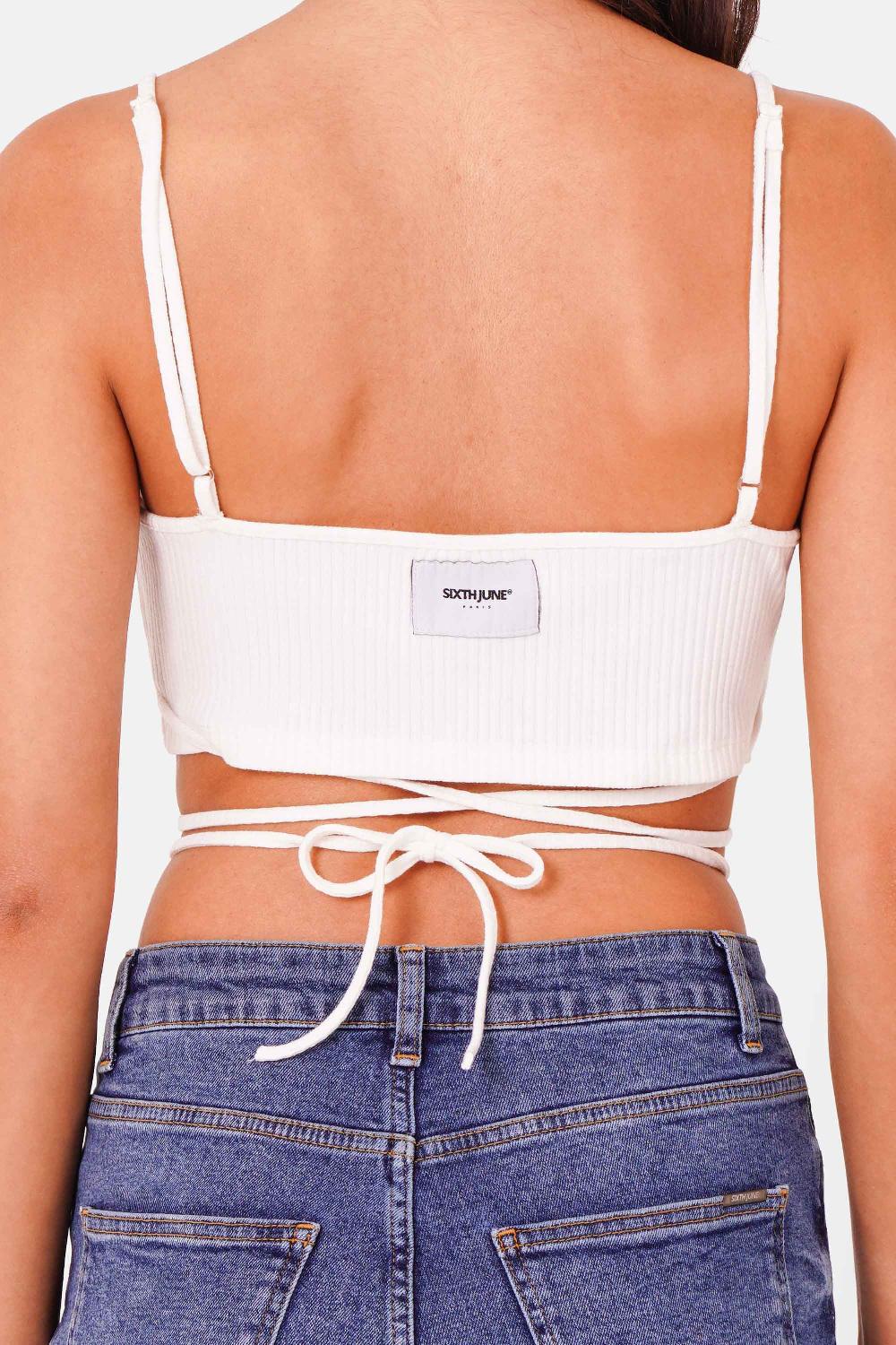 Sixth June Top Bretelles Cordons Côtelé Blanc