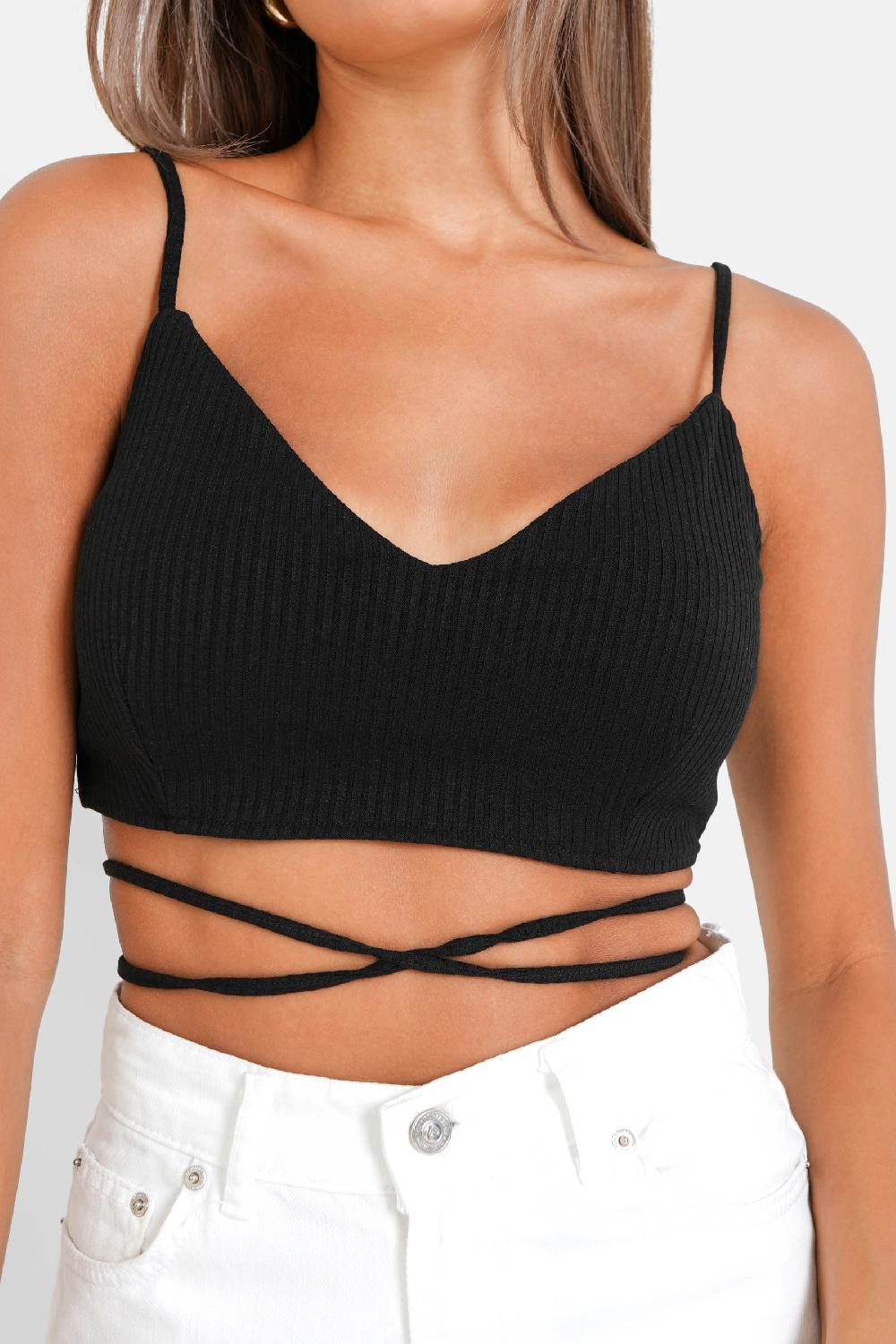 Sixth June Top Bretelles Cordons Côtelé Noir