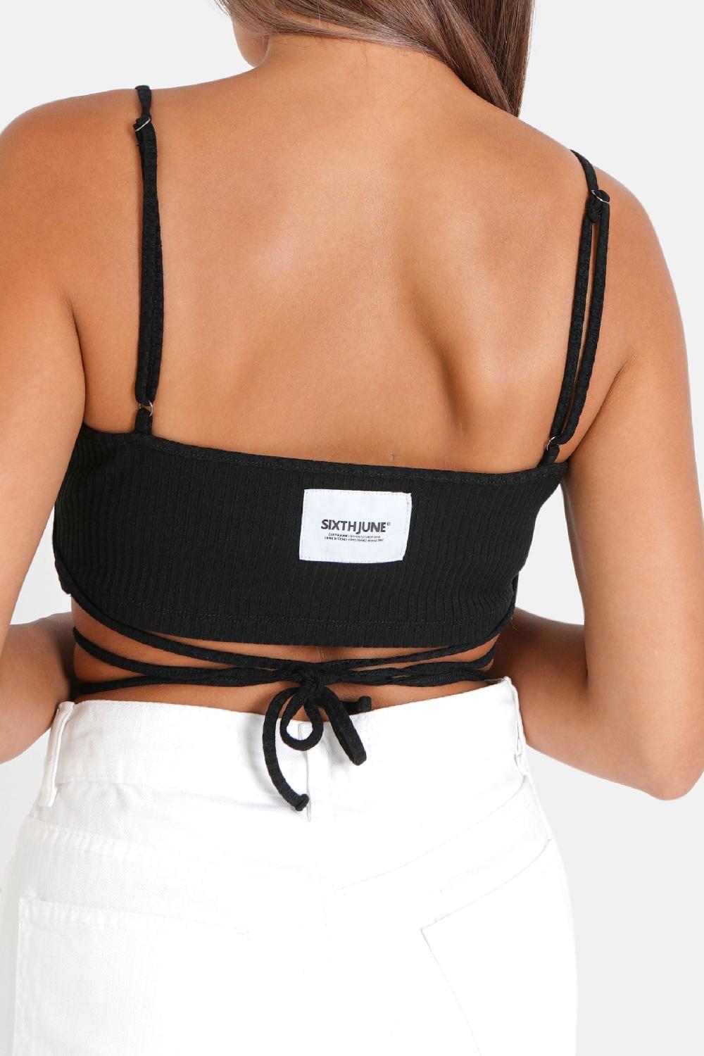 Sixth June Top Bretelles Cordons Côtelé Noir