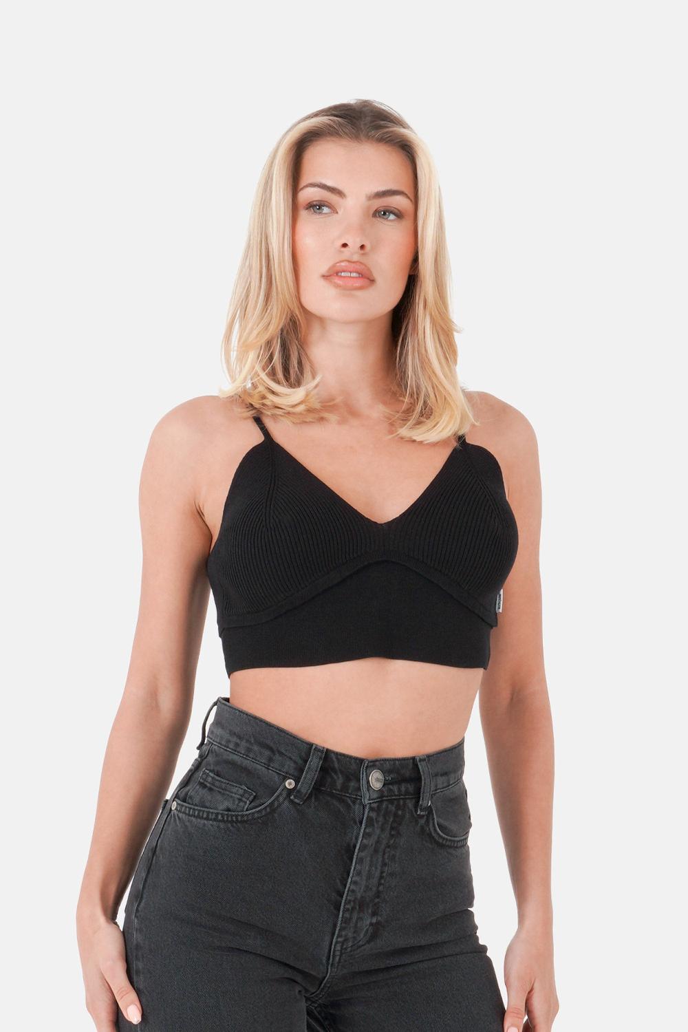sixth june Top col V côtelé bretelles Noir