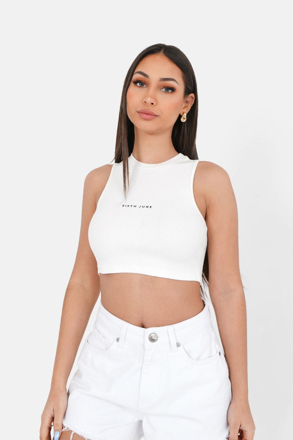 sixth june Top court côtelé blanc