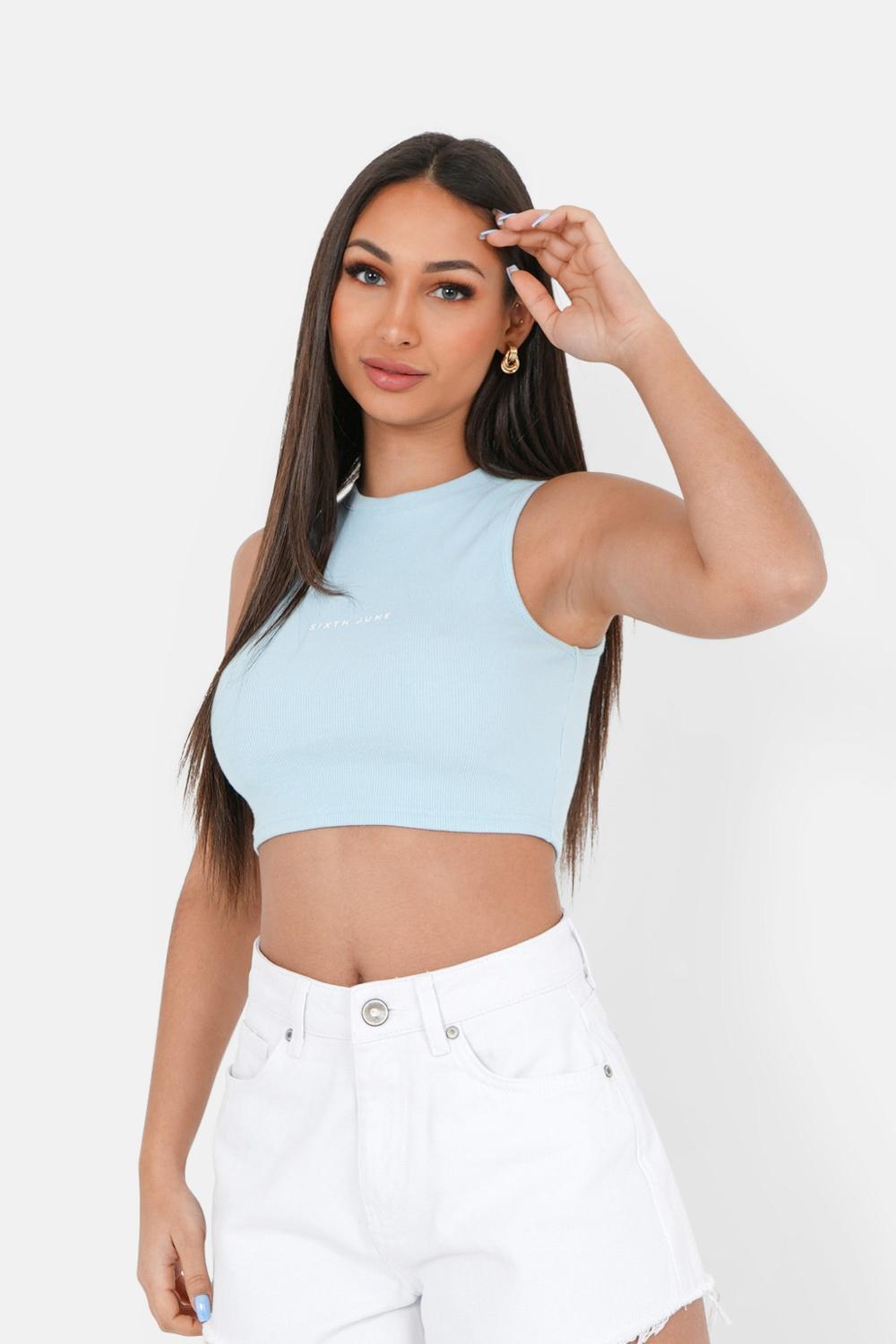 sixth june Top court côtelé logo Bleu clair