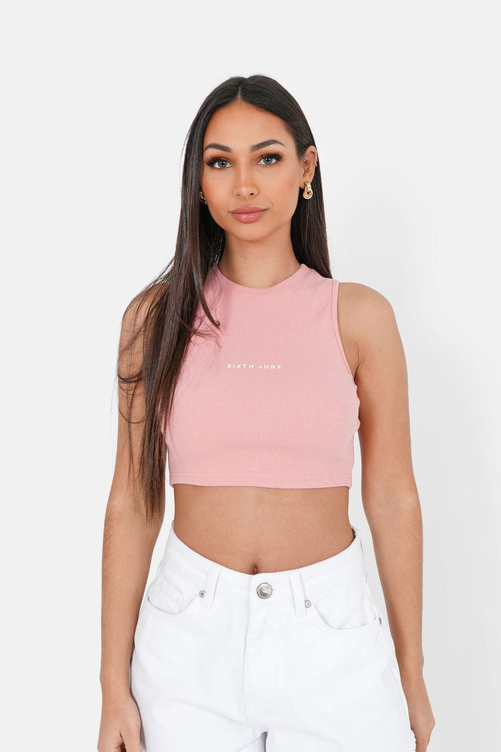 sixth june Top court côtelé logo Rose