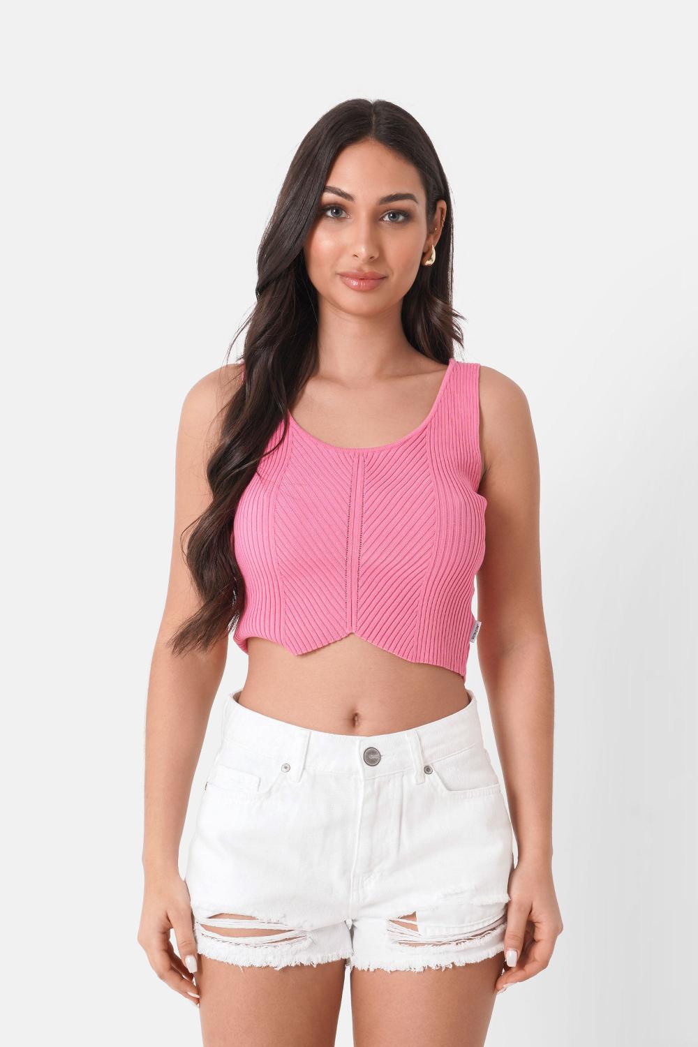 sixth june Top court côtelée Rose