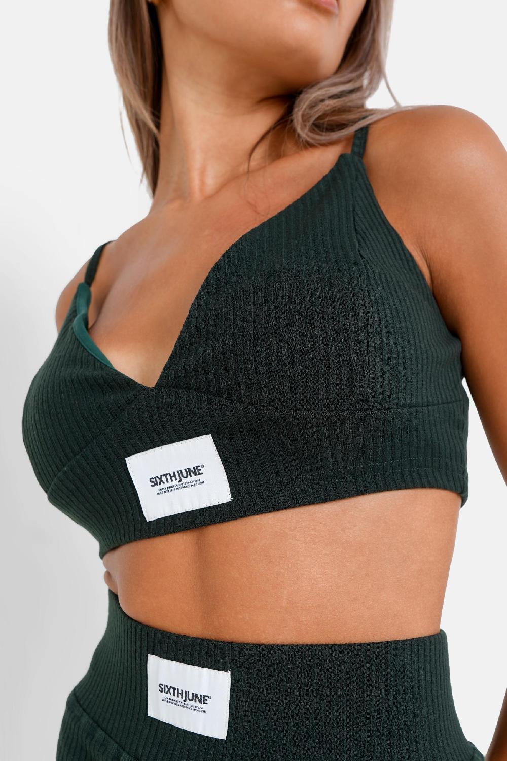 Sixth June Top Court Satiné Côtelé Vert Foncé