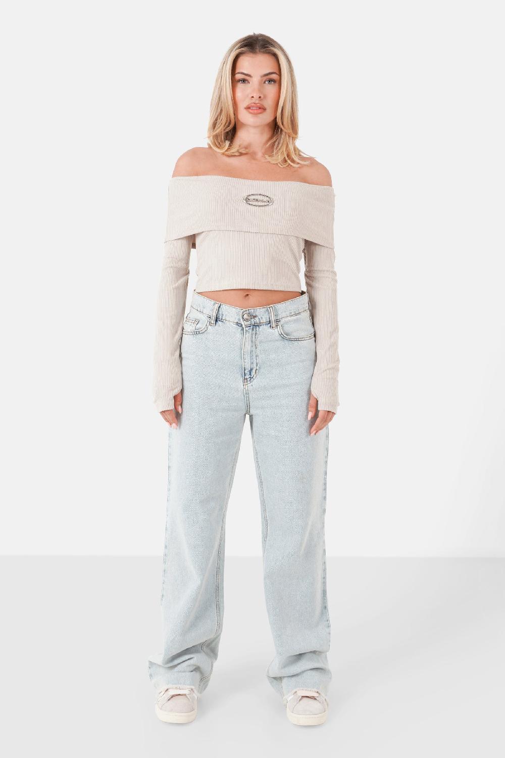 Sixth June Top Encolure Bardot Logo Beige