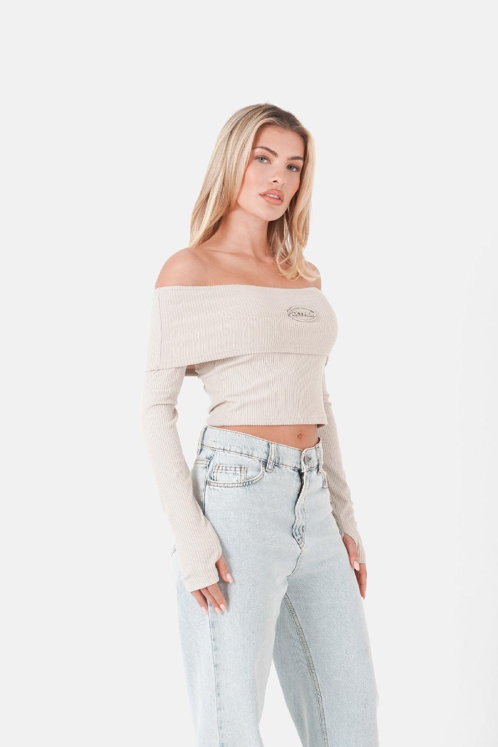 Sixth June Top Encolure Bardot Logo Beige