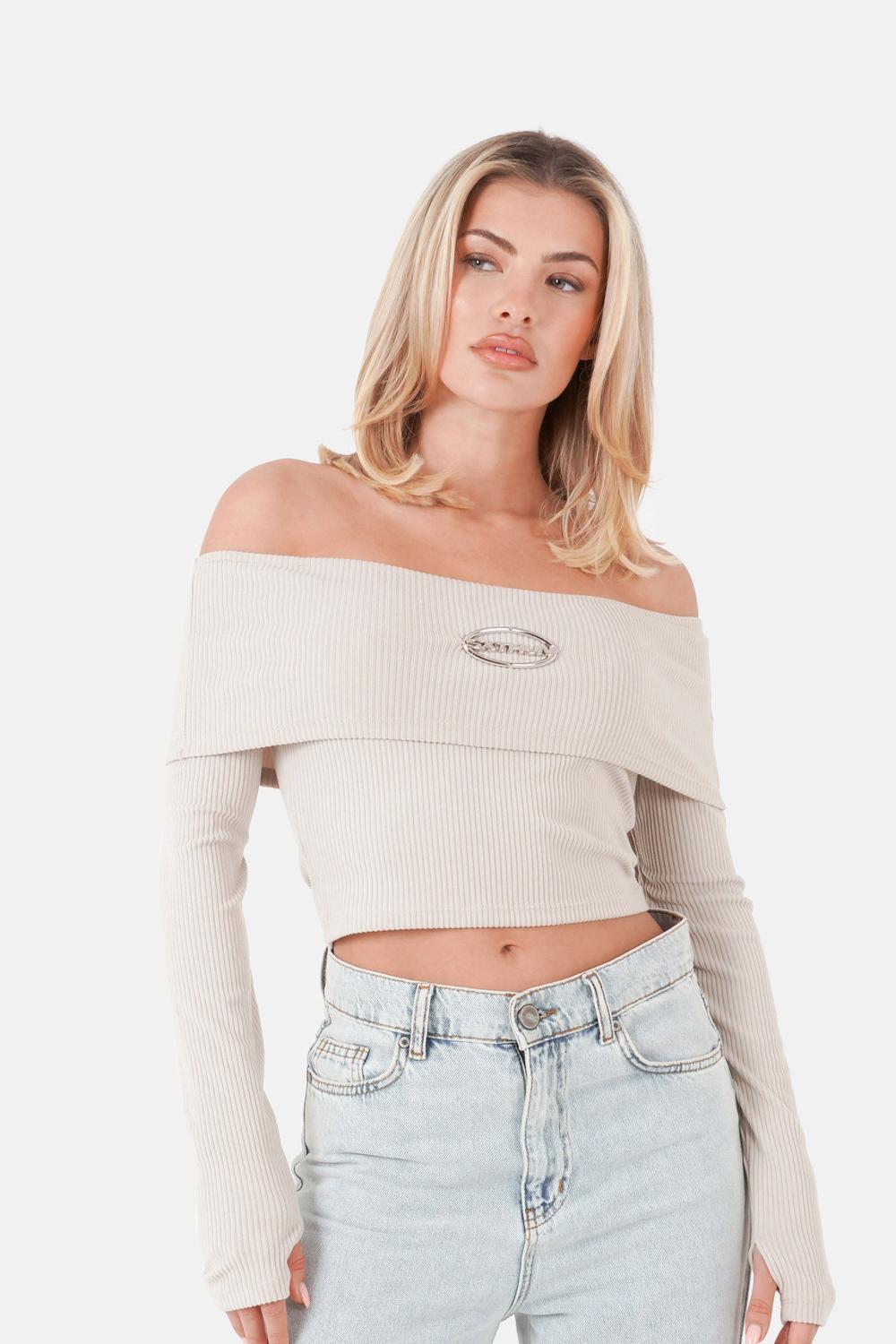 sixth june Top encolure bardot logo Beige