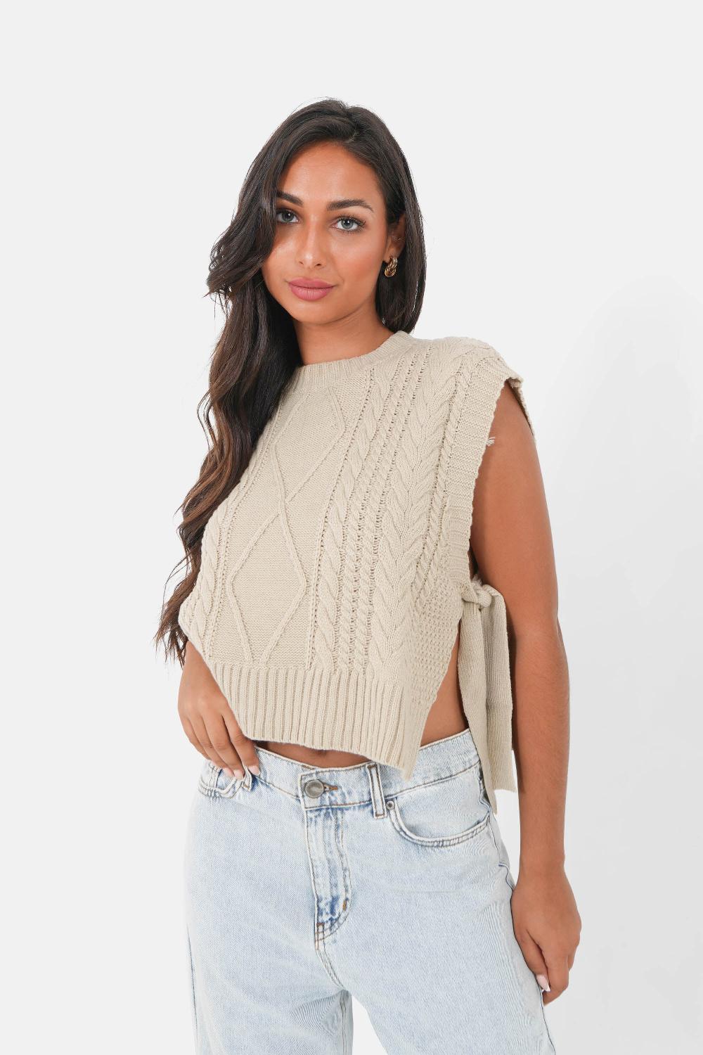 sixth june Top maille torsade ficelles Beige