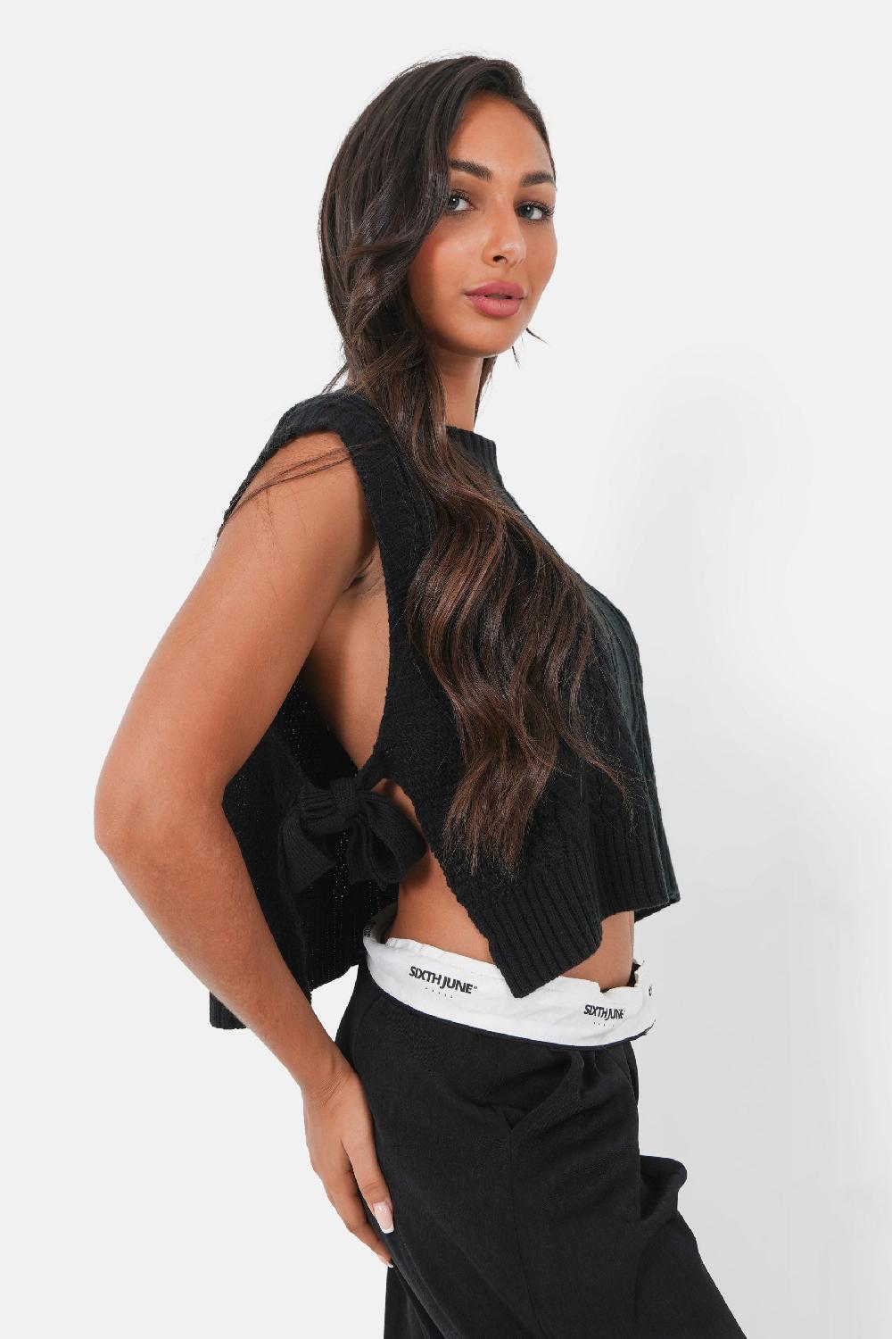 Sixth June Top Maille Torsade Ficelles Noir