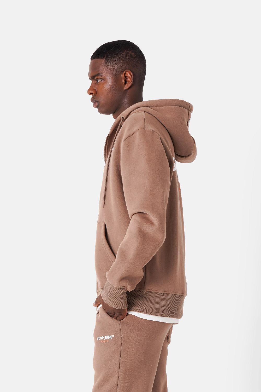 Sixth June Sweatshirt Zip Capuche Broderie Beige Foncé