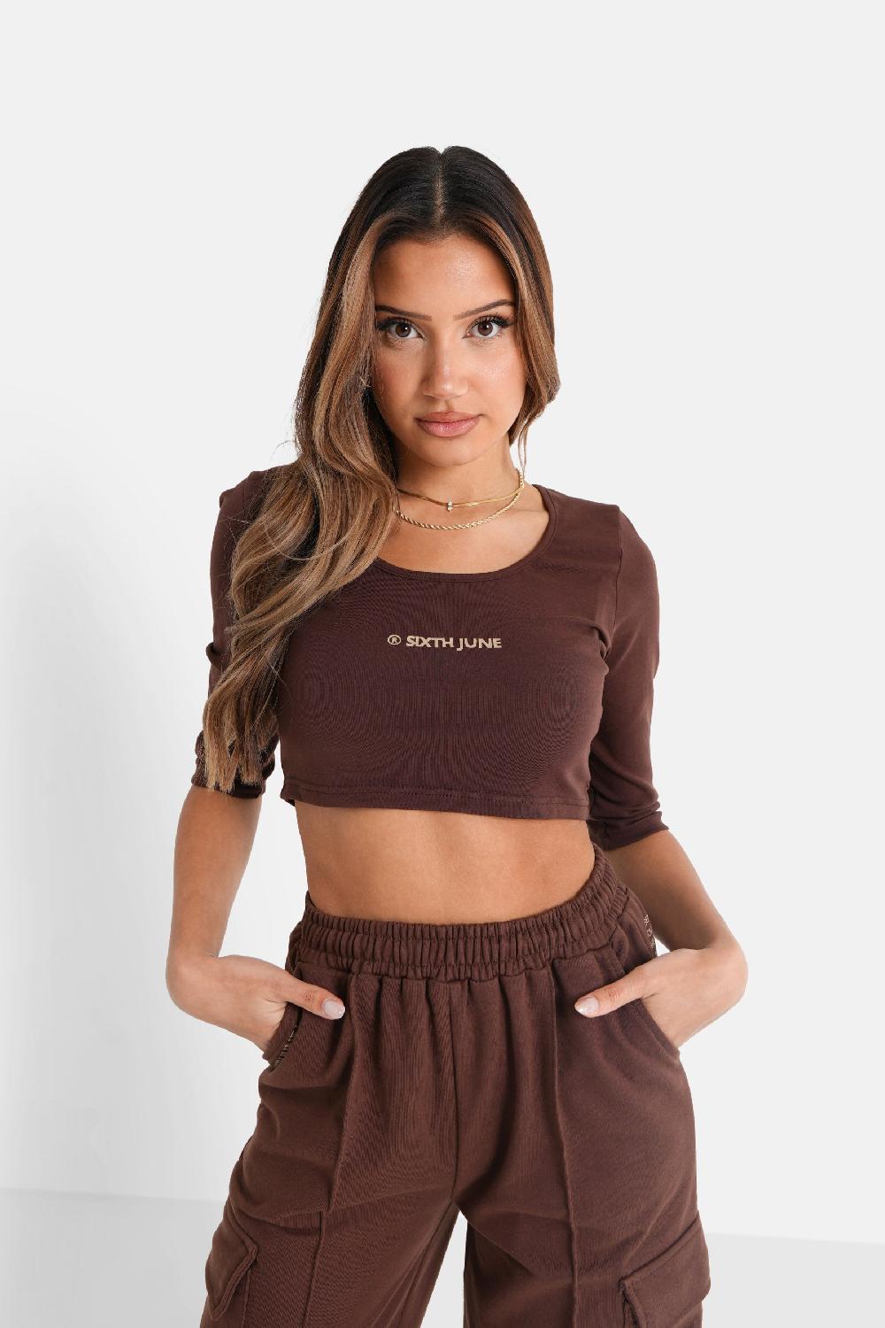 sixth june Top court logo printé manches 3/4 Marron