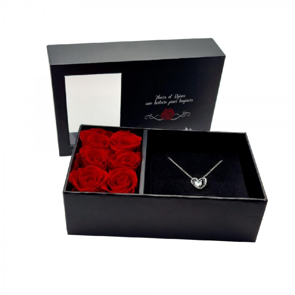 so charm Boite à bijou décorée de 6 roses éternelles rouges et son collier argenté