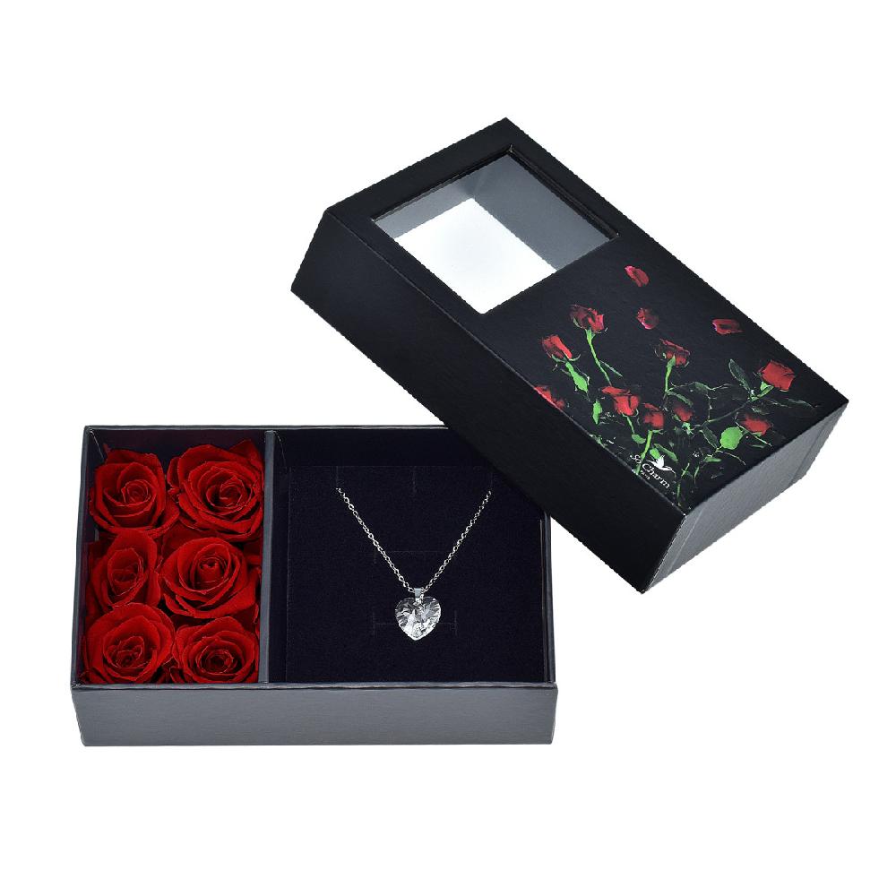 so charm Boite à bijou décorée de 6 roses éternelles rouges et son collier