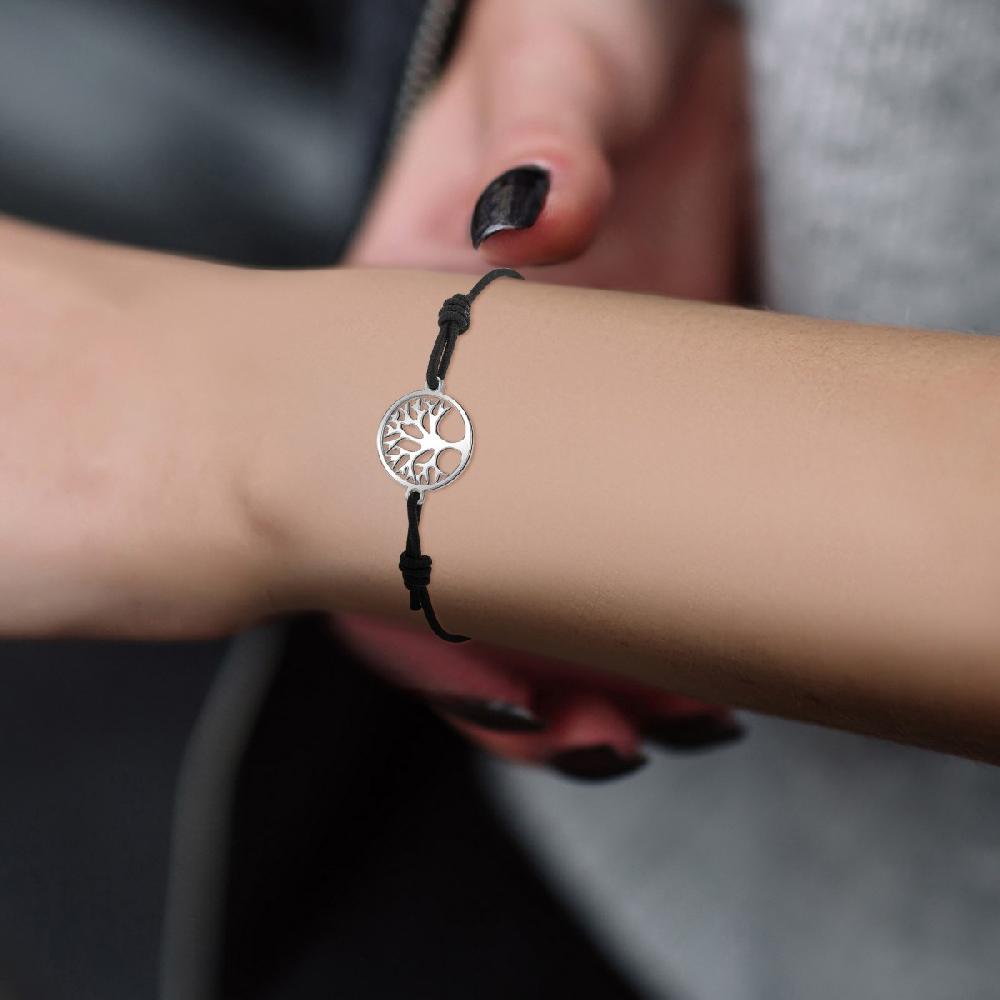 So Charm Bracelet Arbre De Vie Et élastique Noir SoCharm En Acier Rhodié Argenté